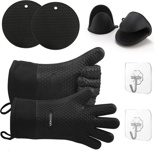  8PCS Extreme Heat Resistant Silicone BBQ & Oven Gloves Set to 446°F with Mitts, Trivet Mats, Pinch Grips, Hooks for Grilling, Baking, Kitchen