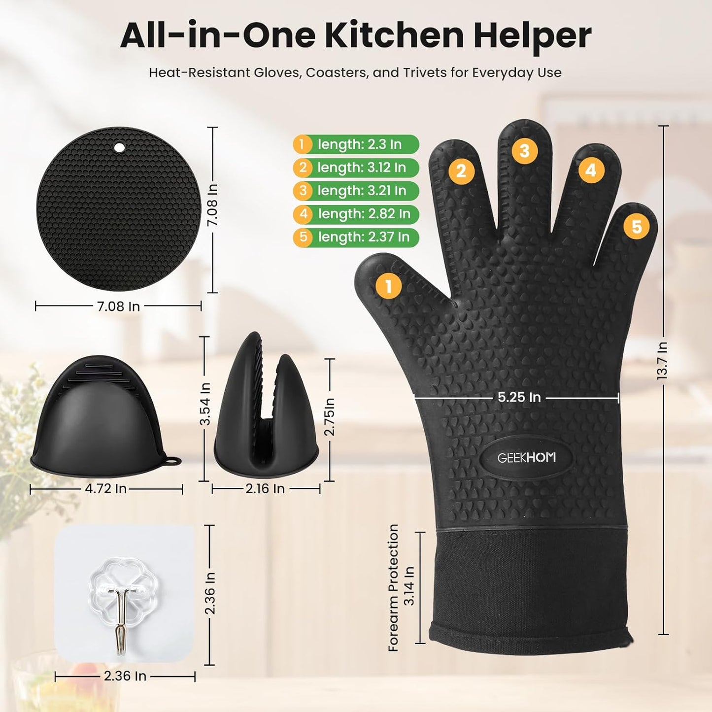  8PCS Extreme Heat Resistant Silicone BBQ & Oven Gloves Set to 446°F with Mitts, Trivet Mats, Pinch Grips, Hooks for Grilling, Baking, Kitchen