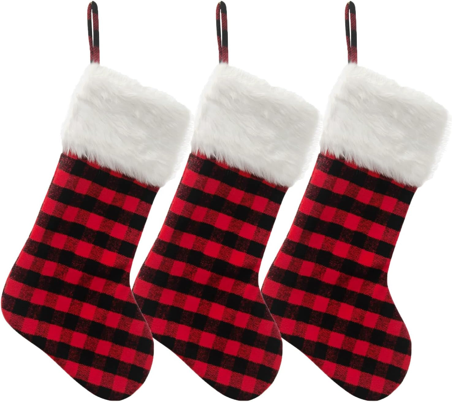 3 Pack 20 Inch Buffalo Plaid Christmas Stockings with Snowy White Faux Fur Hanging Ornaments Black Red Plaid Candy Gift Bags Decorations