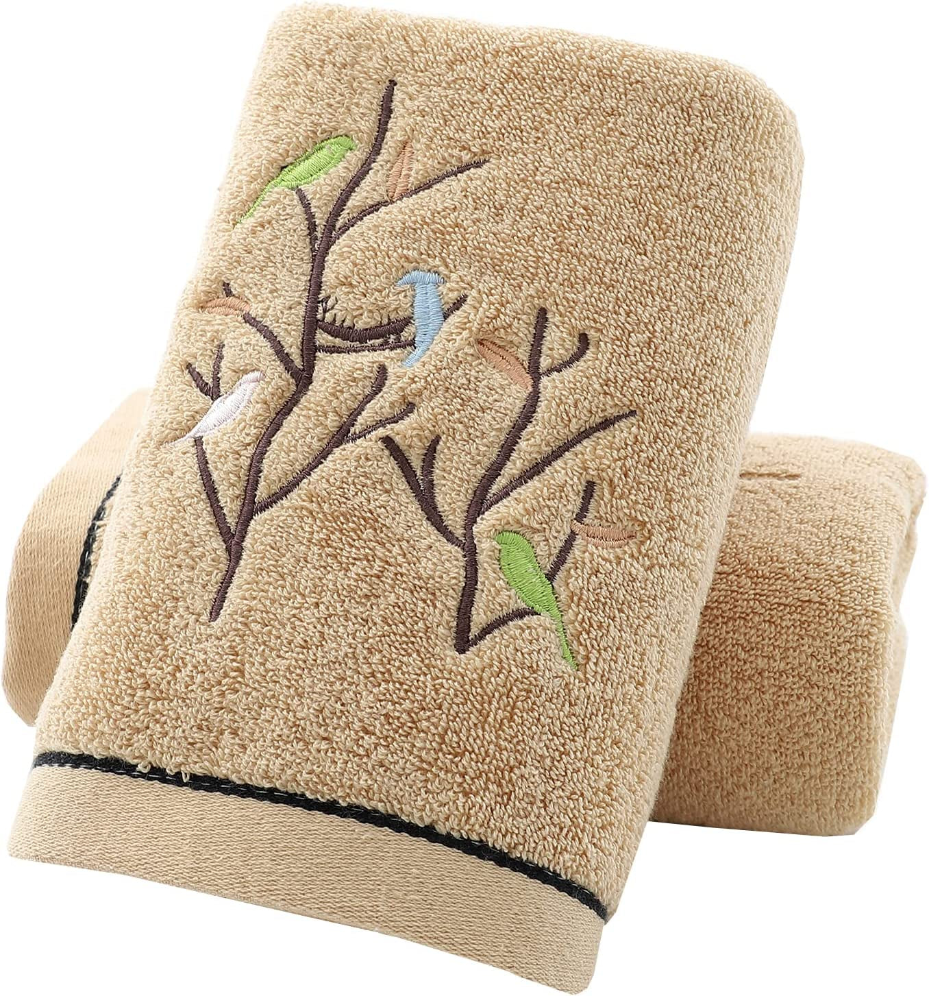 Hand Towels Set of 2 Embroidered Bird Tree Pattern 100% Cotton Absorbent Soft Decorative Towel for Bathroom (Brown)