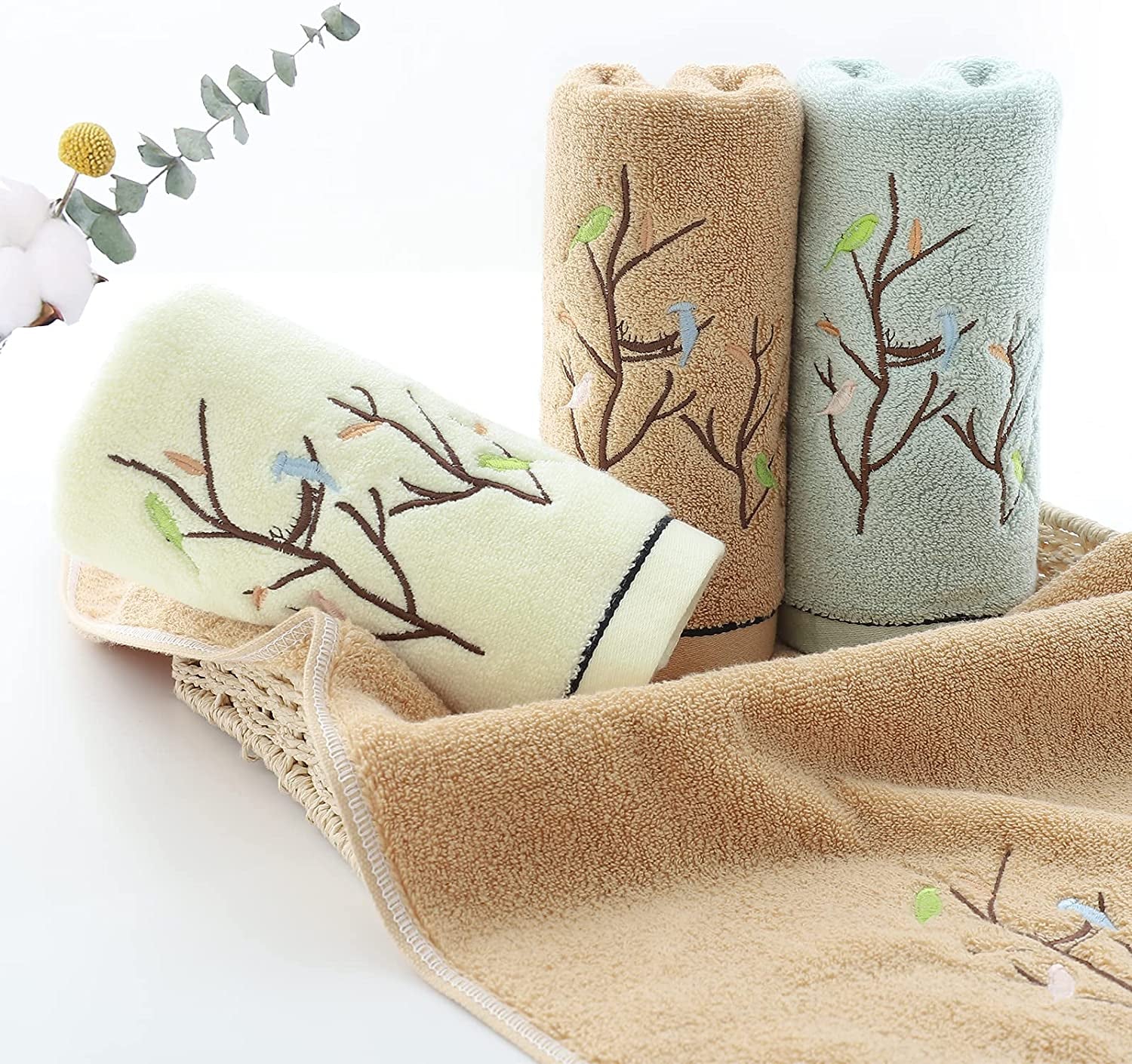 Hand Towels Set of 2 Embroidered Bird Tree Pattern 100% Cotton Absorbent Soft Decorative Towel for Bathroom (Brown)