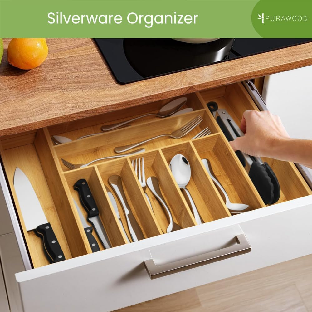 Bamboo Drawer Organizer - Expandable Silverware Organizer & Utensil Drawer Organizer, Cutlery Tray with Dividers, 7-9 Slots- Kitchen Organizer for Utensils & Flatware (Natural)