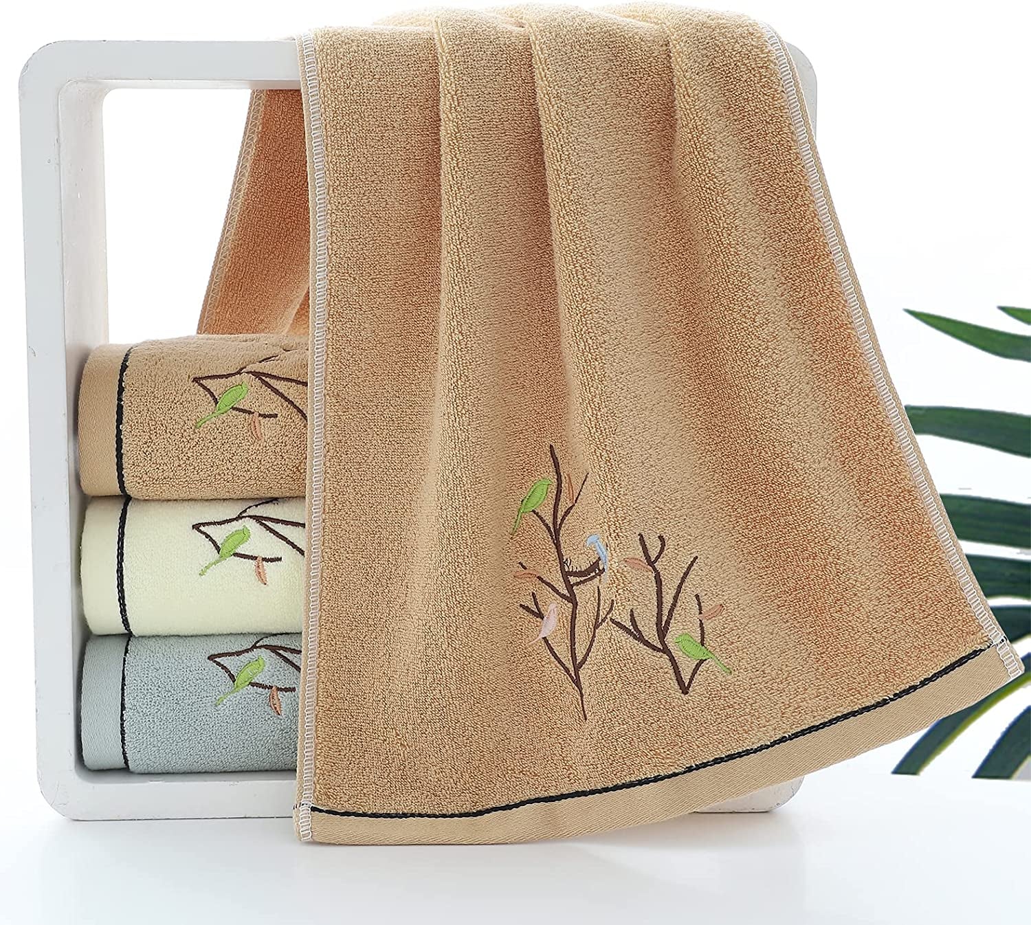 Hand Towels Set of 2 Embroidered Bird Tree Pattern 100% Cotton Absorbent Soft Decorative Towel for Bathroom (Brown)