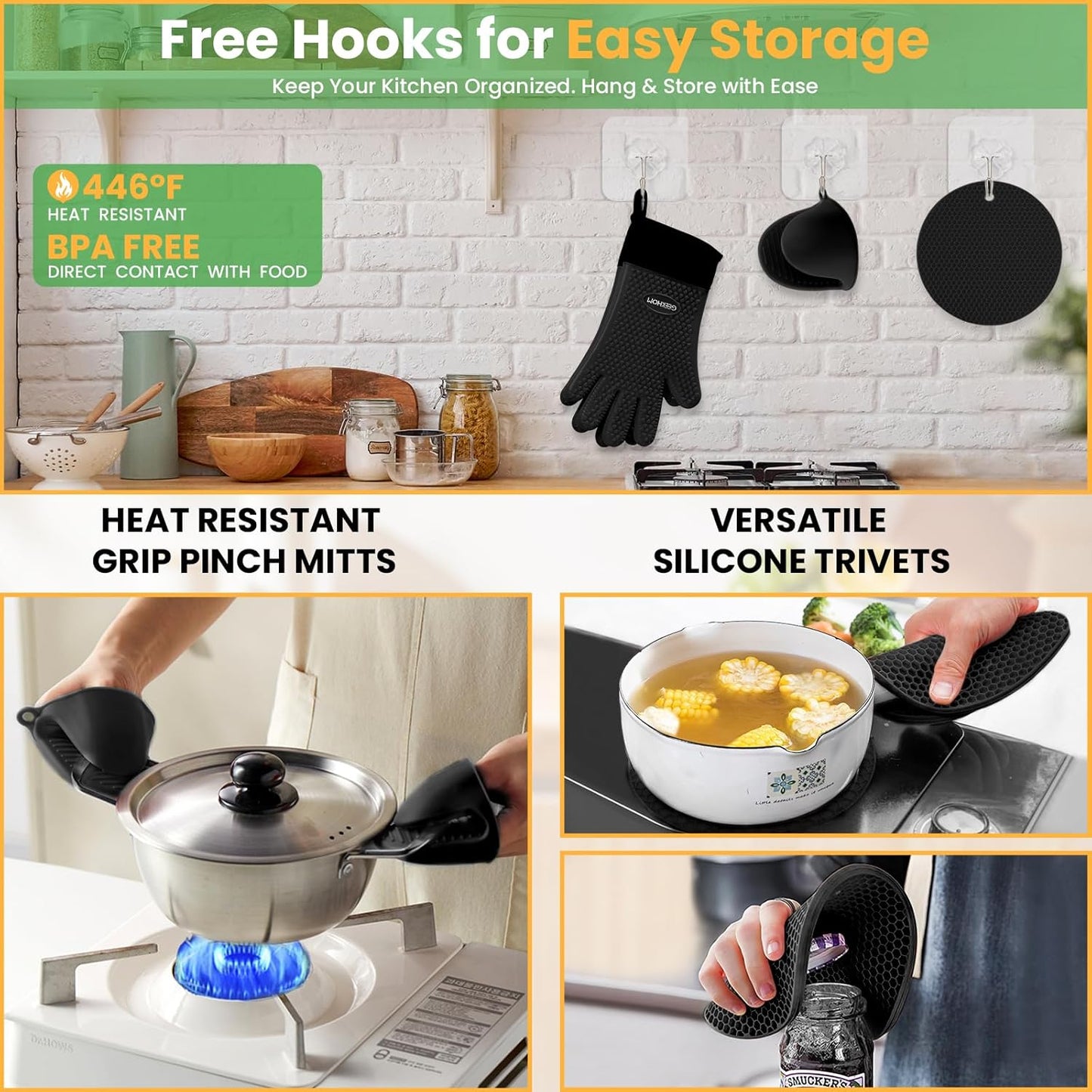  8PCS Extreme Heat Resistant Silicone BBQ & Oven Gloves Set to 446°F with Mitts, Trivet Mats, Pinch Grips, Hooks for Grilling, Baking, Kitchen