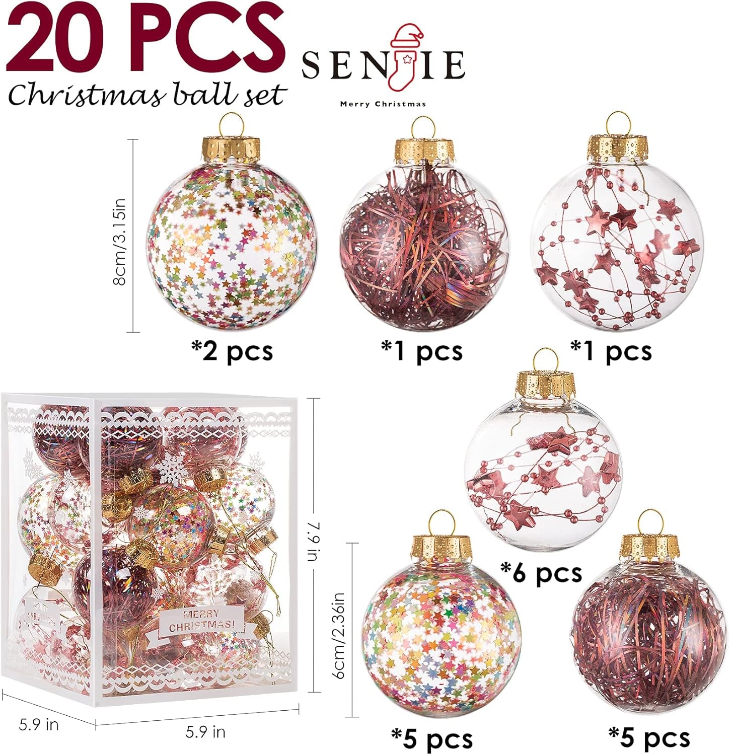 Christmas Ornaments Ball Set-Shatterproof Clear Plastic Decorative Baubles for Xmas Tree House Holiday Wedding Party Decoration,20Cs Rose Gold