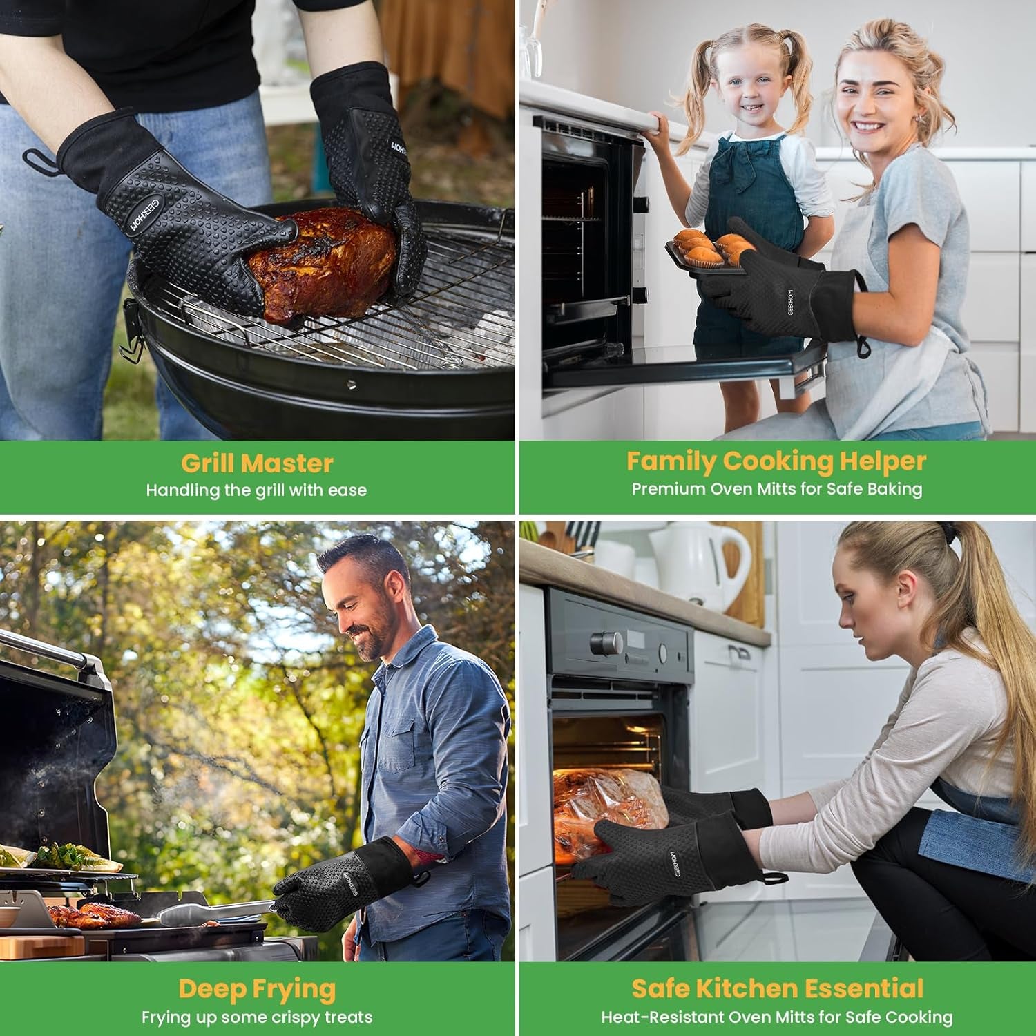  8PCS Extreme Heat Resistant Silicone BBQ & Oven Gloves Set to 446°F with Mitts, Trivet Mats, Pinch Grips, Hooks for Grilling, Baking, Kitchen