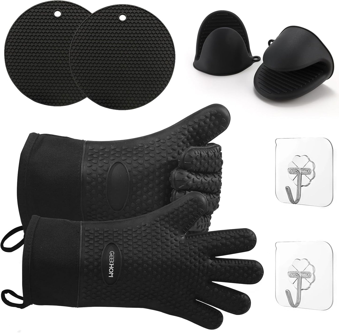 ‌ 8PCS Extreme Heat Resistant Silicone BBQ & Oven Gloves Set to 446°F with Mitts, Trivet Mats, Pinch Grips, Hooks for Grilling, Baking, Kitchen‌
