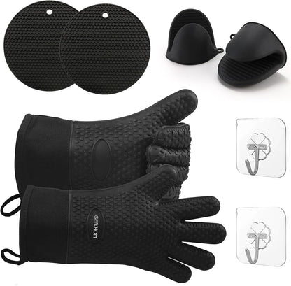 ‌ 8PCS Extreme Heat Resistant Silicone BBQ & Oven Gloves Set to 446°F with Mitts, Trivet Mats, Pinch Grips, Hooks for Grilling, Baking, Kitchen‌