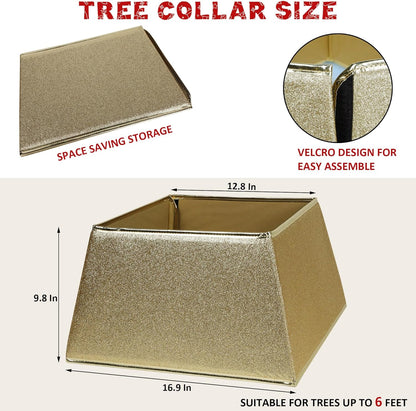 Fabric Christmas Tree Collar, Square Christmas Tree Ring, Glittering Willow Christmas Tree Skirt for Christmas Tree Decorations (Glitter Gold)