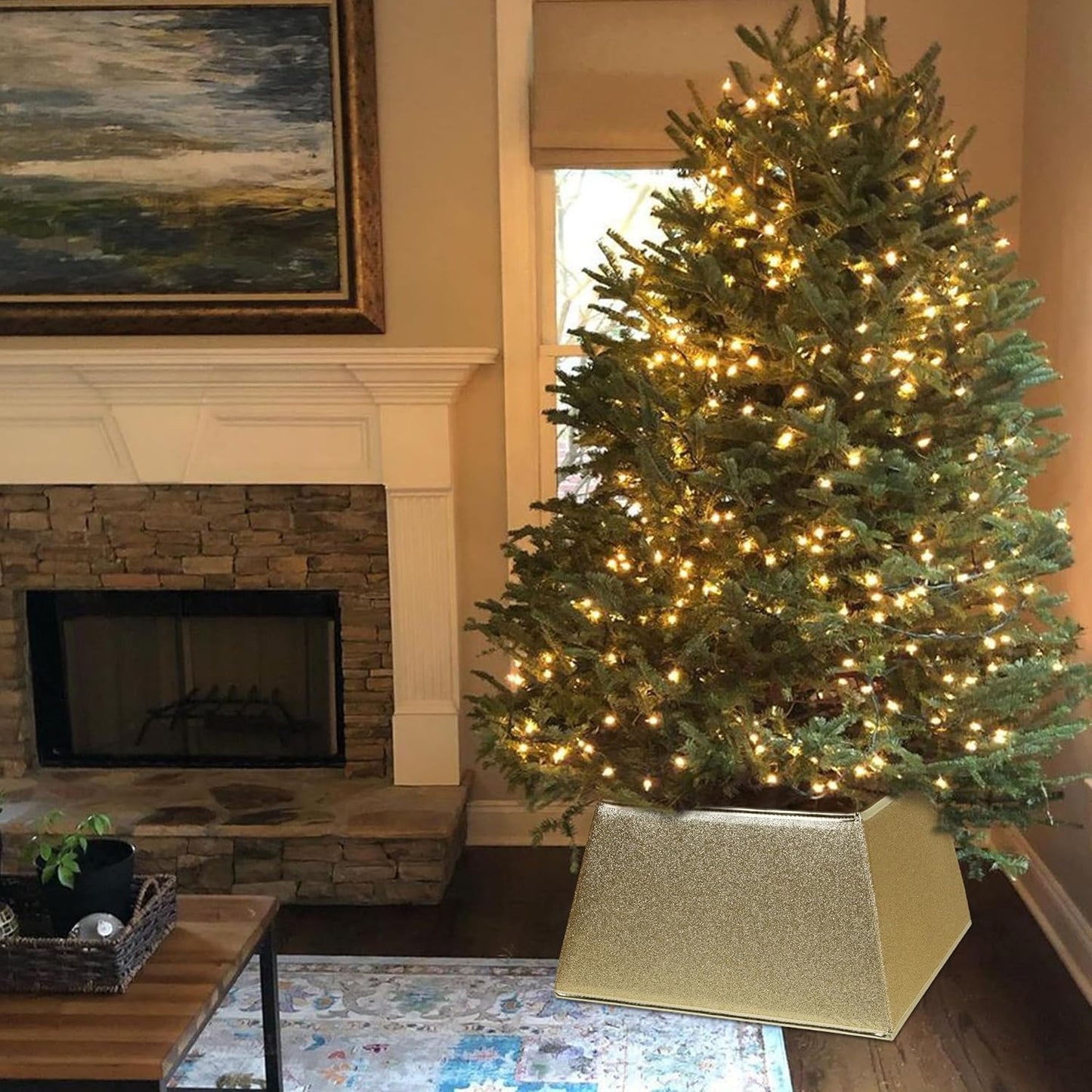 Fabric Christmas Tree Collar, Square Christmas Tree Ring, Glittering Willow Christmas Tree Skirt for Christmas Tree Decorations (Glitter Gold)