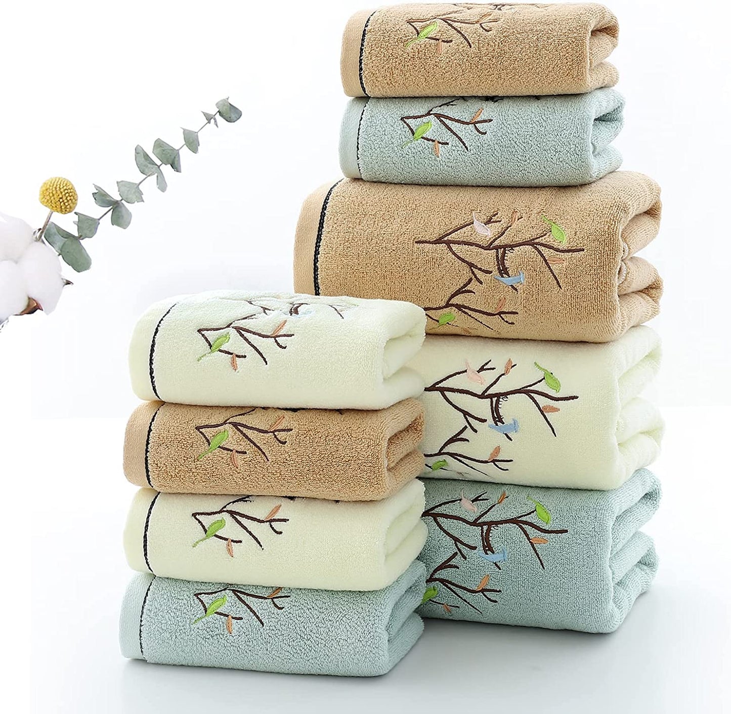 Hand Towels Set of 2 Embroidered Bird Tree Pattern 100% Cotton Absorbent Soft Decorative Towel for Bathroom (Brown)