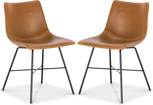 Paxton Leather Dining Chairs – Set of 2 Modern Dining Room Chairs with Low Back – Faux Leather Upholstery and Matte Black Steel Base – Comfortable Seating for Stylish Interiors – Tan