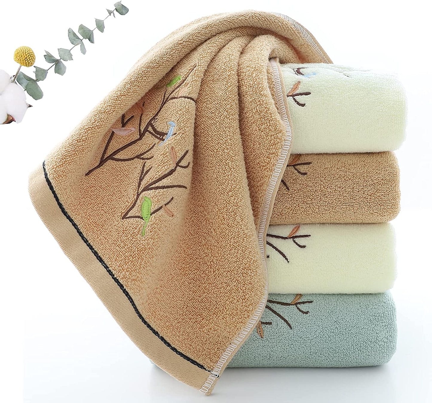 Hand Towels Set of 2 Embroidered Bird Tree Pattern 100% Cotton Absorbent Soft Decorative Towel for Bathroom (Brown)