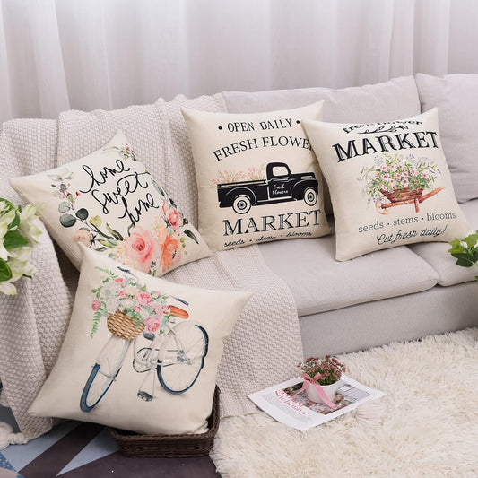 Set of 4 Decorative Spring Floret Throw Pillow Covers - Bicycle Car Flower Linen 18 X 18 Inches Pillow Cushion Case for Sofa Couch Bed Home Outdoor (18" X 18", Spring/Vintage)