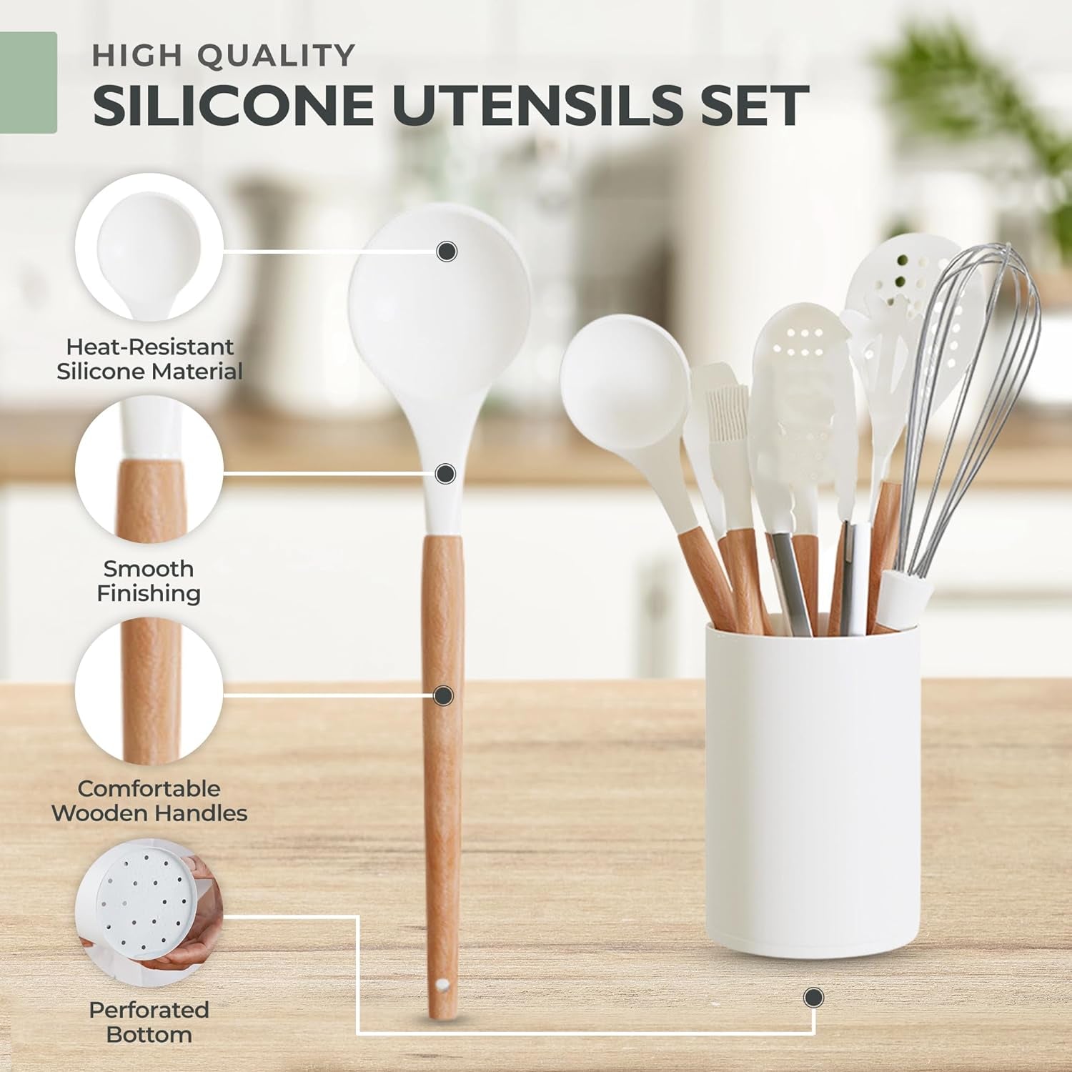 Silicone Cooking Utensils Set White–11Pcs Silicone Spatula Sets for Cooking | Kitchenware Set, Bpa-Free Kitchen Utensils Set, White Spatula Set | Non Toxic Cooking Utensils Set with Utensil Holder