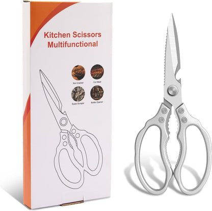 Kitchen Scissors, Multi-Purpose Kitchen Shears, Heavy Duty Dishwasher Safe Food Scissors for Chicken, Poultry, Fish, Meat & Herbs with Non-Slip Grips - Sliver