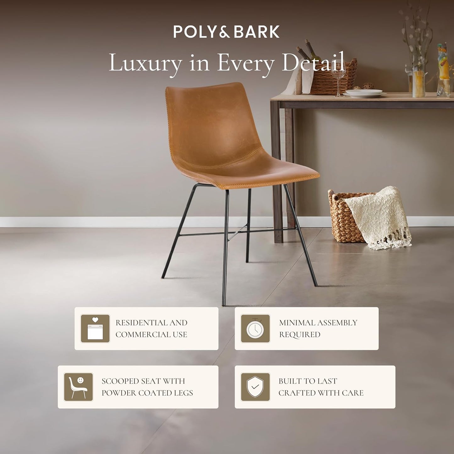 Paxton Leather Dining Chairs – Set of 2 Modern Dining Room Chairs with Low Back – Faux Leather Upholstery and Matte Black Steel Base – Comfortable Seating for Stylish Interiors – Tan