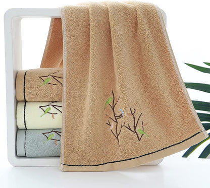 Hand Towels Set of 2 Embroidered Bird Tree Pattern 100% Cotton Absorbent Soft Decorative Towel for Bathroom (Brown)
