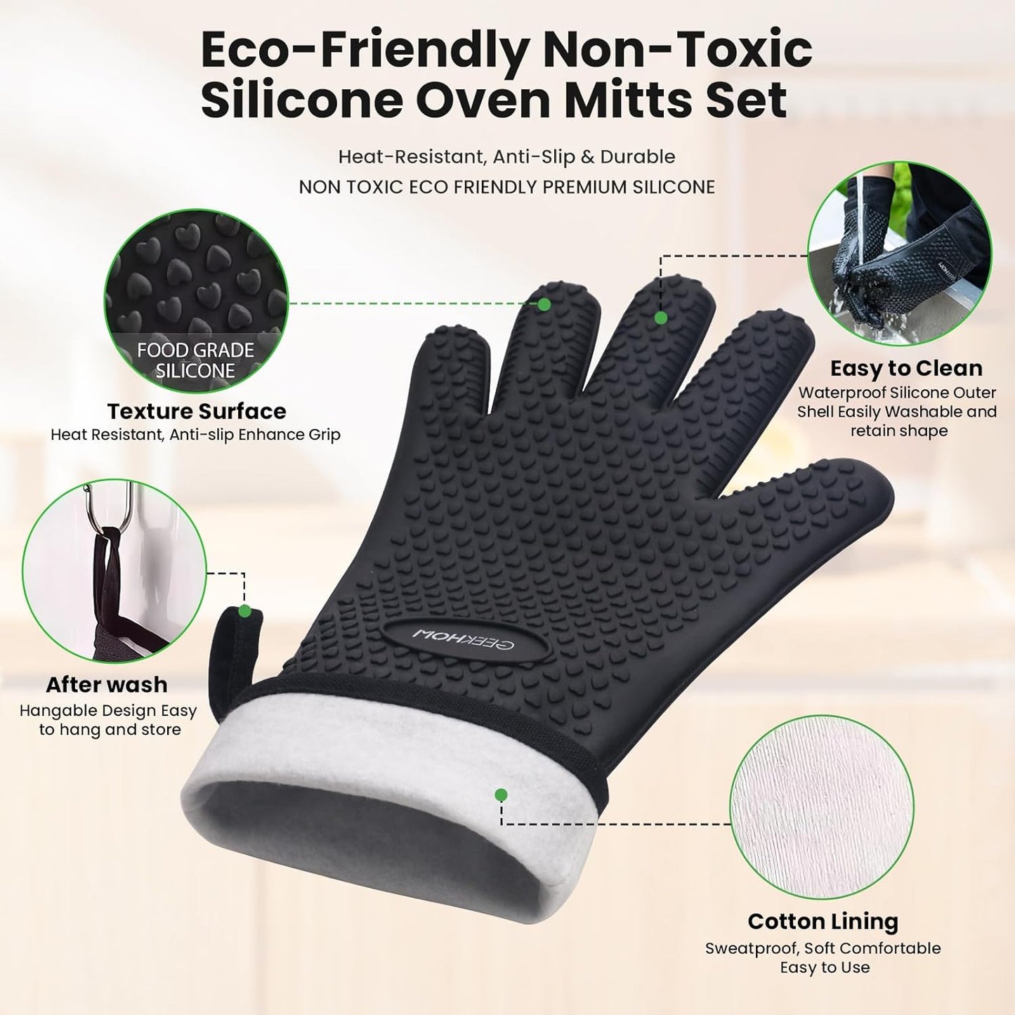 ‌ 8PCS Extreme Heat Resistant Silicone BBQ & Oven Gloves Set to 446°F with Mitts, Trivet Mats, Pinch Grips, Hooks for Grilling, Baking, Kitchen‌