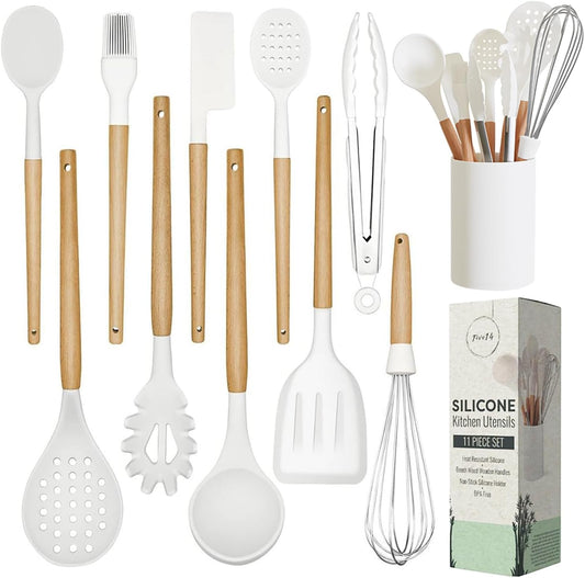 Silicone Cooking Utensils Set White–11Pcs Silicone Spatula Sets for Cooking | Kitchenware Set, Bpa-Free Kitchen Utensils Set, White Spatula Set | Non Toxic Cooking Utensils Set with Utensil Holder