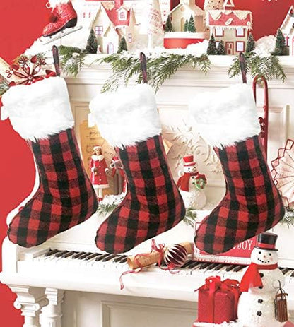 3 Pack 20 Inch Buffalo Plaid Christmas Stockings with Snowy White Faux Fur Hanging Ornaments Black Red Plaid Candy Gift Bags Decorations