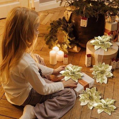 Christmas Glitter Artificial Flowers Christmas Tree Hanging Ornaments Fake Flower for Home 2025 Xmas New Year 2026 Navidad Gift