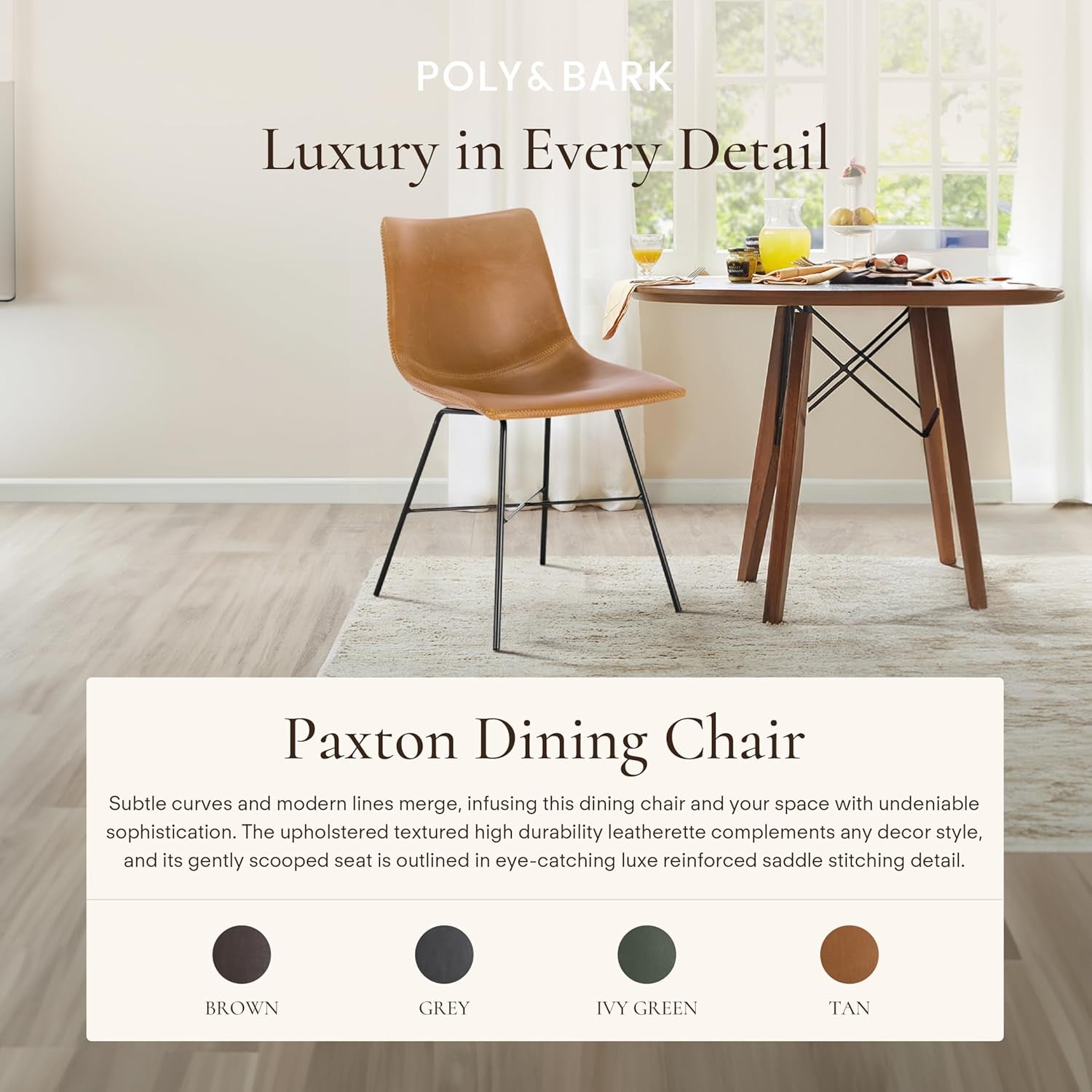 Paxton Leather Dining Chairs – Set of 2 Modern Dining Room Chairs with Low Back – Faux Leather Upholstery and Matte Black Steel Base – Comfortable Seating for Stylish Interiors – Tan