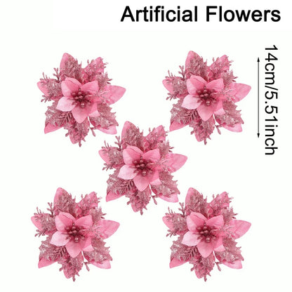 Christmas Glitter Artificial Flowers Christmas Tree Hanging Ornaments Fake Flower for Home 2025 Xmas New Year 2026 Navidad Gift