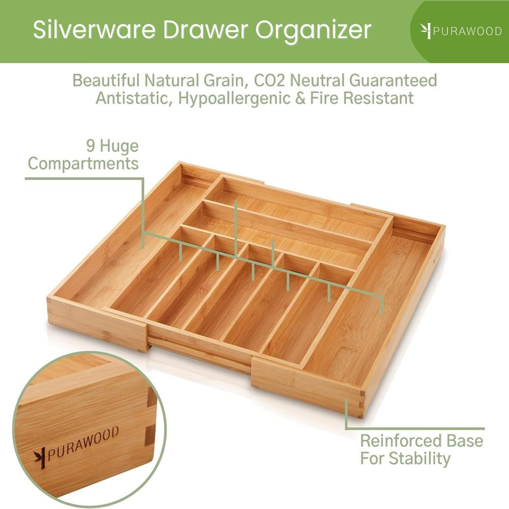 Bamboo Drawer Organizer - Expandable Silverware Organizer & Utensil Drawer Organizer, Cutlery Tray with Dividers, 7-9 Slots- Kitchen Organizer for Utensils & Flatware (Natural)
