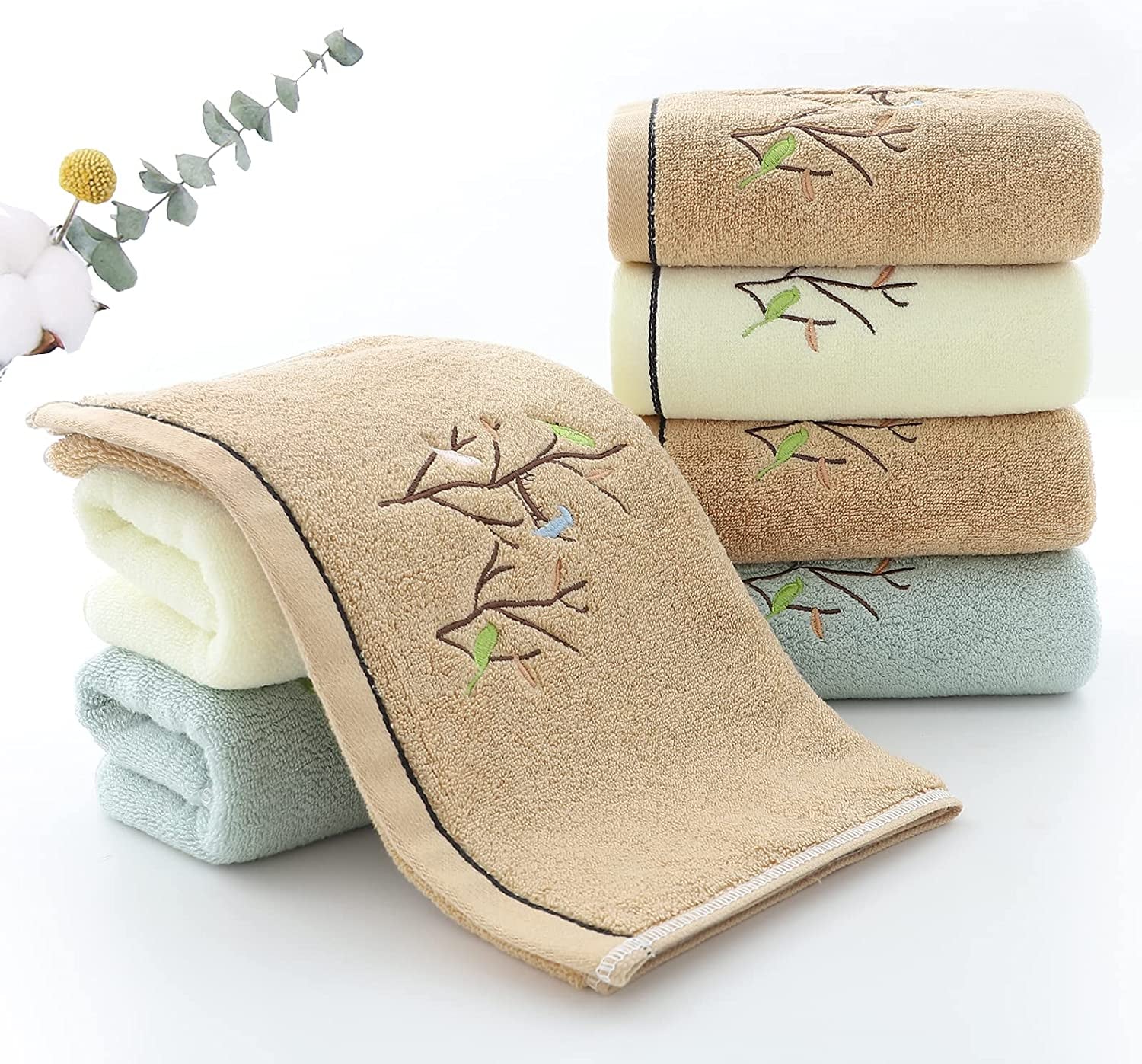 Hand Towels Set of 2 Embroidered Bird Tree Pattern 100% Cotton Absorbent Soft Decorative Towel for Bathroom (Brown)