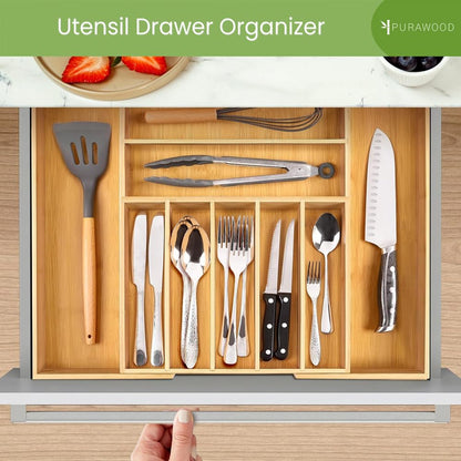 Bamboo Drawer Organizer - Expandable Silverware Organizer & Utensil Drawer Organizer, Cutlery Tray with Dividers, 7-9 Slots- Kitchen Organizer for Utensils & Flatware (Natural)