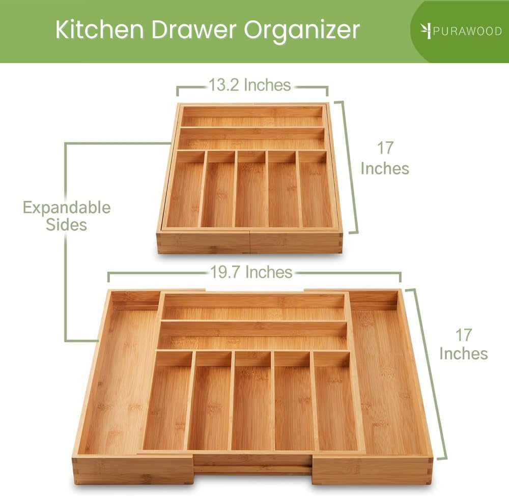 Bamboo Drawer Organizer - Expandable Silverware Organizer & Utensil Drawer Organizer, Cutlery Tray with Dividers, 7-9 Slots- Kitchen Organizer for Utensils & Flatware (Natural)